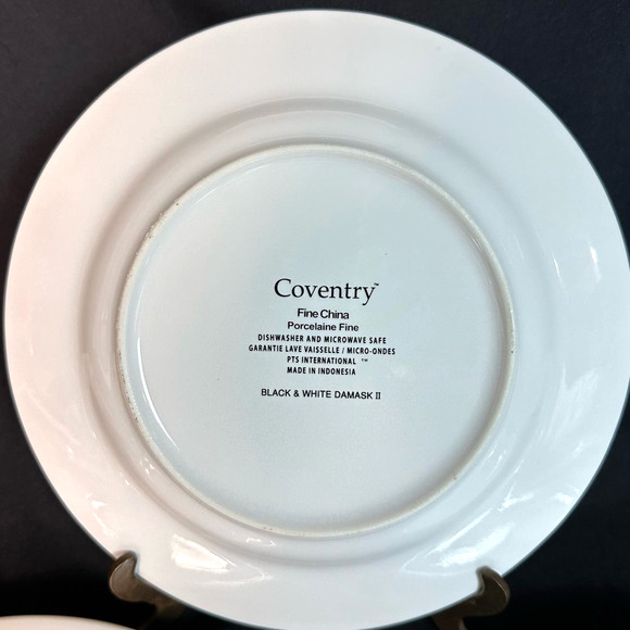 Coventry Porcelain China Black and White Damask II Salad Plate 8" SET of 8 - Picture 6 of 7